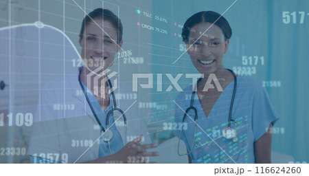 Stock market data processing over diverse female doctor and health worker discussing at hospital Stock market data processing over diverse female doctor and health worker discussing at hospital 116624260
