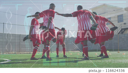 Image of interface processing data over diverse group of male footballers stretching on pitch Image of interface processing data over diverse group of male footballers stretching on pitch 116624336