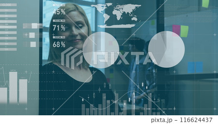 Image of financial graphs and data over happy caucasian woman in office Image of financial graphs and data over happy caucasian woman in office 116624437