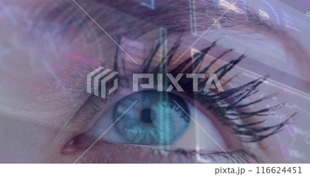 Image of digital screen with data processing over eye of caucasian woman Image of digital screen with data processing over eye of caucasian woman 116624451