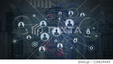 Image of profile icons connecting with lines and circles against cables and buildings 116624484