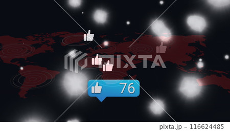 Image of speech bubble with increasing number of likes, thumbs up signs blooming over world map Image of speech bubble with increasing number of likes, thumbs up signs blooming over world map 116624485