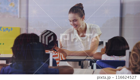 Image of graphs over caucasian female teacher and class of diverse pupils Image of graphs over caucasian female teacher and class of diverse pupils 116624527