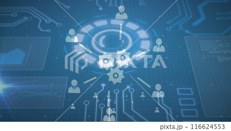 Image of tech icons and motherboard on blue digital screen Image of tech icons and motherboard on blue digital screen 116624553