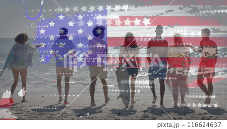 Image of flag of usa over happy diverse friends on beach in summer Image of flag of usa over happy diverse friends on beach in summer 116624637