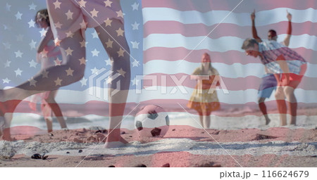 Image of flag of usa over happy diverse friends playing ball on beach in summer 116624679
