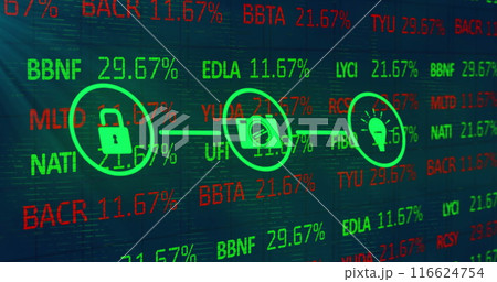 Image of financial data processing over network of icons Image of financial data processing over network of icons 116624754