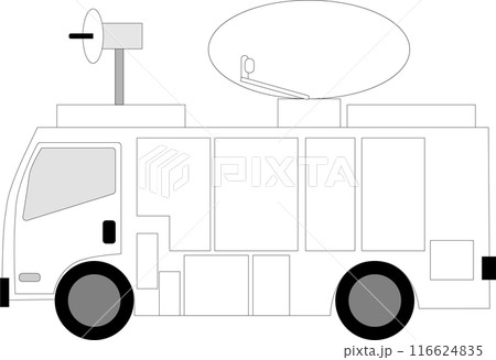 中型テレビ中継車、左向き、FPUマイクロ波とSNG衛星通信 中型テレビ中継車、左向き、FPUマイクロ波とSNG衛星通信 116624835