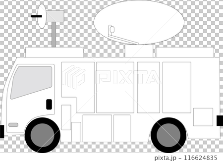 中型テレビ中継車、左向き、FPUマイクロ波とSNG衛星通信 中型テレビ中継車、左向き、FPUマイクロ波とSNG衛星通信 116624835