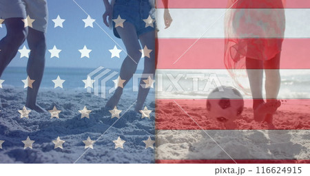 Image of flag of usa over diverse friends playing football on beach Image of flag of usa over diverse friends playing football on beach 116624915