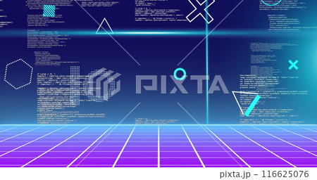 Image of rotating shapes and blue scanner beams over data processing on grid and blue background 116625076