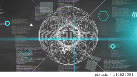 Image of rotating shapes and blue scanner beams over 3d network and data processing on grey 116625081