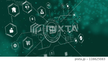 Image of network of connections with icons and data processing over spots on black background Image of network of connections with icons and data processing over spots on black background 116625083