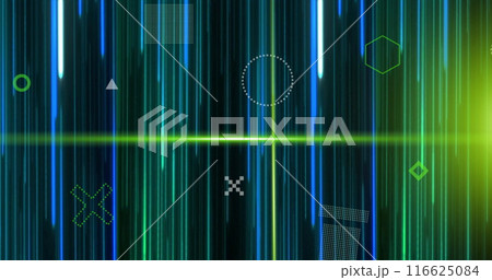 Image of rotating 3d shapes and green scanner beams over blue lights trails on black background Image of rotating 3d shapes and green scanner beams over blue lights trails on black background 116625084