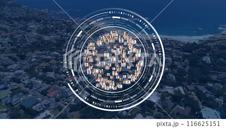 Image of scope with photos and data processing over cityscape 116625151