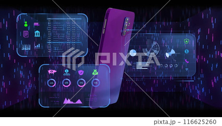 Image of financial data processing and smartphone on black background Image of financial data processing and smartphone on black background 116625260