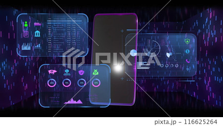 Image of financial data processing and smartphone on black background Image of financial data processing and smartphone on black background 116625264