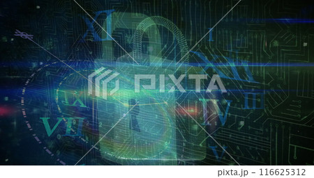 Image of data processing and padlock on black background 116625312