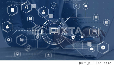 Image of connections with business icons over biracial businessman using laptop 116625342