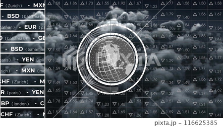 Image of globe with data processing over cloud background 116625385