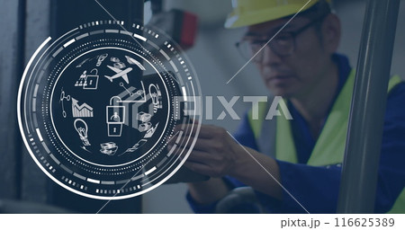 Image of globe with data processing over asian man using smartphone 116625389