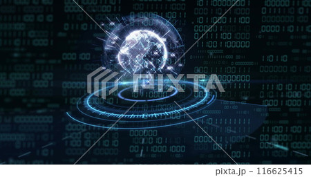 Image of globe with binary coding and data processing over dark background 116625415