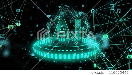 Image of ai text, globe with binary coding and data processing over dark background Image of ai text, globe with binary coding and data processing over dark background 116625442