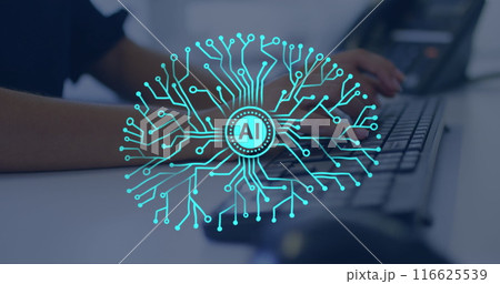 Image of brain and ai data processing over caucasian woman using computer Image of brain and ai data processing over caucasian woman using computer 116625539
