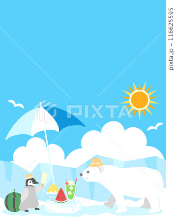 暑中お見舞いや夏イメージに使えるペンギンとシロクマの可愛いイラスト　縦型バージョン 116625595