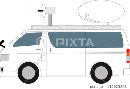 小型テレビ中継車、左向き、FPUマイクロ波とSNG衛星通信 116625808