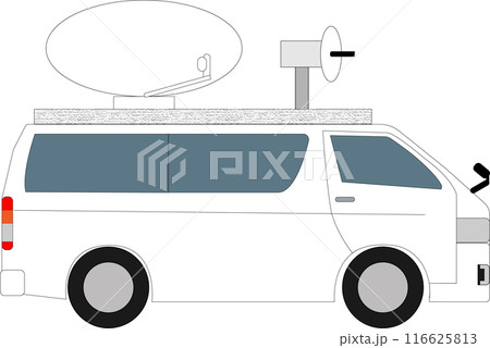 小型テレビ中継車、右向き、FPUマイクロ波とSNG衛星通信 116625813