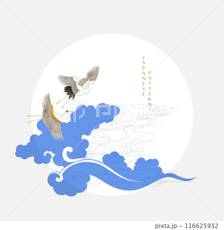 Japanese background with crane birds element vector. Oriental natural wave pattern with ocean sea decoration banner design. Marine template. Hand drawn wave in vintage style. 116625932