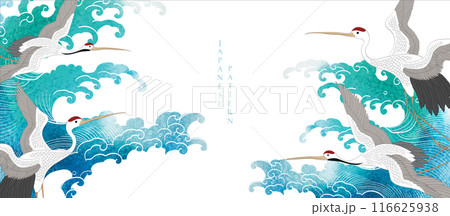 Crane birds element pattern with ocean wave decoration banner design in vintage style. Japanese background with blue watercolor texture painting element vector.  Marine template. 116625938