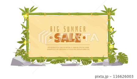 Bamboo frame banner. Cartoon tropical signboard. Monstera leaves. Tied trunks and stones. Summer discount. Stretched parchment or leather for text. Vector sale advertising background Bamboo frame banner. Cartoon tropical signboard. Monstera leaves. Tied trunks and stones. Summer discount. Stretched parchment or leather for text. Vector sale advertising background 116626003