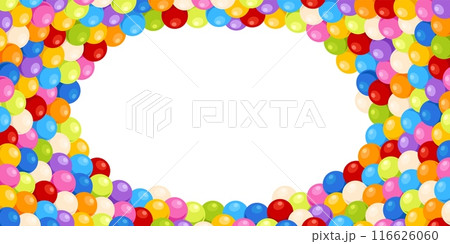 Cartoon balls background. Round multicolored chewing gum. Kids entertainment area elements. Children border. Plastic spheres. Sweets and candies heap. Gumball dragee. Recent vector frame 116626060