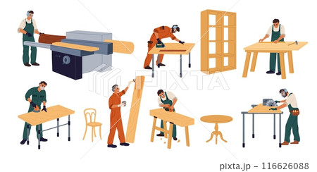 Cartoon carpenters with timber. Professional woodworker planing logs. Man sawing and measuring planks. Furniture manufacture processing. Table or cabinet assembly. Garish vector set 116626088