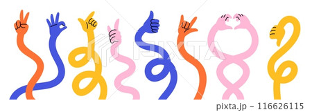 Colorful flexible hands. Curved stretched limbs with different skin colors. Finger gestures. Weaving and twisting elastic arms. Pointing forefinger. Gesturing palms. Garish vector set Colorful flexible hands. Curved stretched limbs with different skin colors. Finger gestures. Weaving and twisting elastic arms. Pointing forefinger. Gesturing palms. Garish vector set 116626115