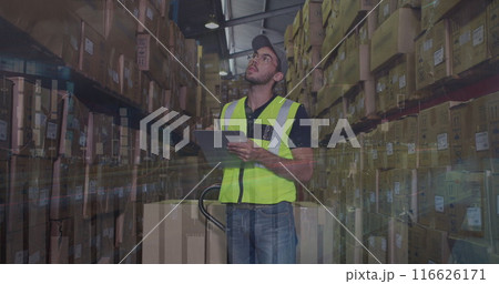 Image of data processing over man working in warehouse 116626171