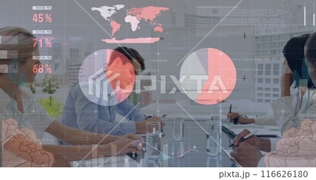 Image of financial data processing over business people in office Image of financial data processing over business people in office 116626180