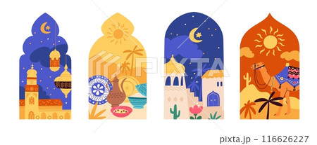 Oriental scenes. Ramadan arch windows. Arabic architectural elements with city landscapes. Sun at sky. Muslim culture and traditions items. Desert camel. Arabian bazaar. Garish vector set 116626227