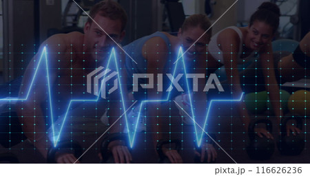 Image of cardiograph over diverse people exercising 116626236
