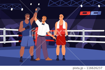 Professional boxers. Referee announces winner in ring. Results of fight sparring. Combat sport. Athletes in uniform. Kickboxers tournament. Championship stadium. Garish vector concept 116626237
