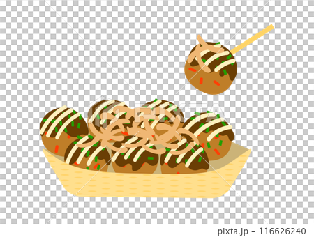 A simple illustration of takoyaki served in a wooden boat with mayonnaise A simple illustration of takoyaki served in a wooden boat with mayonnaise 116626240