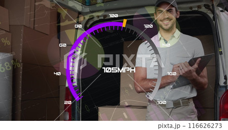 Image of speedometer over delivery man next to a car Image of speedometer over delivery man next to a car 116626273