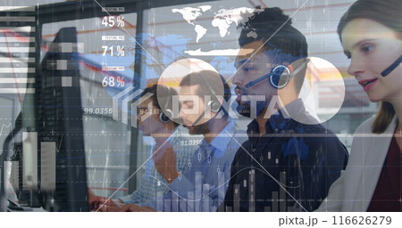 Image of data processing over diverse business people at office 116626279