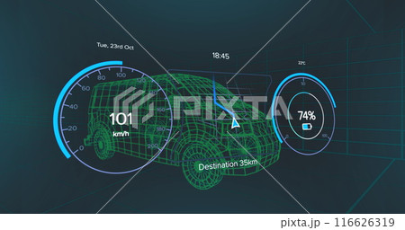 Image of speedometer and power level over van project on black background Image of speedometer and power level over van project on black background 116626319