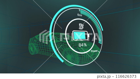 Image of 3d wire frame electric car with charging sign on graphic screen 116626373