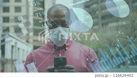 Image of data processing over african american men wearing face mask using smartphone Image of data processing over african american men wearing face mask using smartphone 116626402