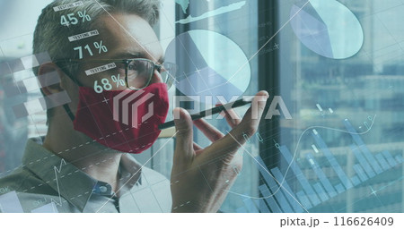 Image of data processing over caucasian men wearing face mask using smartphone Image of data processing over caucasian men wearing face mask using smartphone 116626409