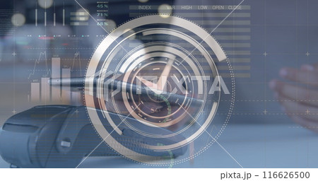 Image of clock, statistics and financial data processing over caucasian man using smartphone 116626500